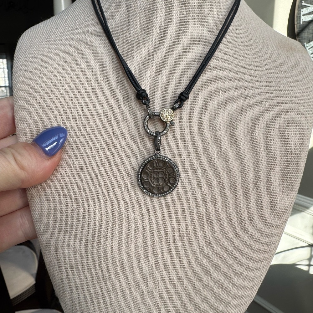 14k Gold, Sterling Silver, Natural Diamond, leather Chord Necklace - Picture 2 of 10
